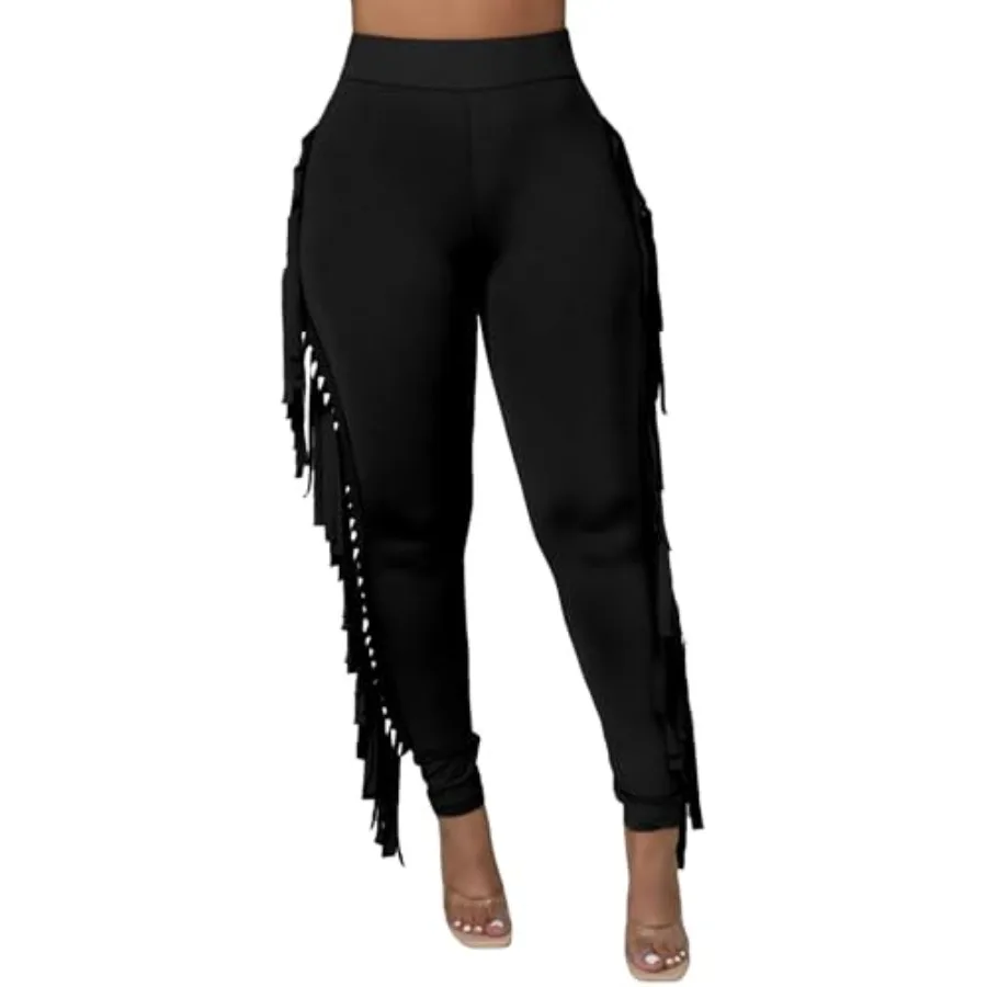 

Womens Fringe Pants Elastic High Waist Bodycon Casual Long Tassel Leggings Sweatpants Club Outfits