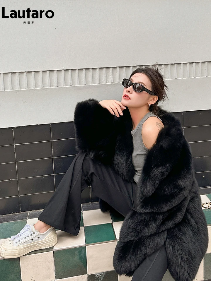 Lautaro Autumn Winter Black Thick Warm Soft Hairy Shaggy Faux Fox