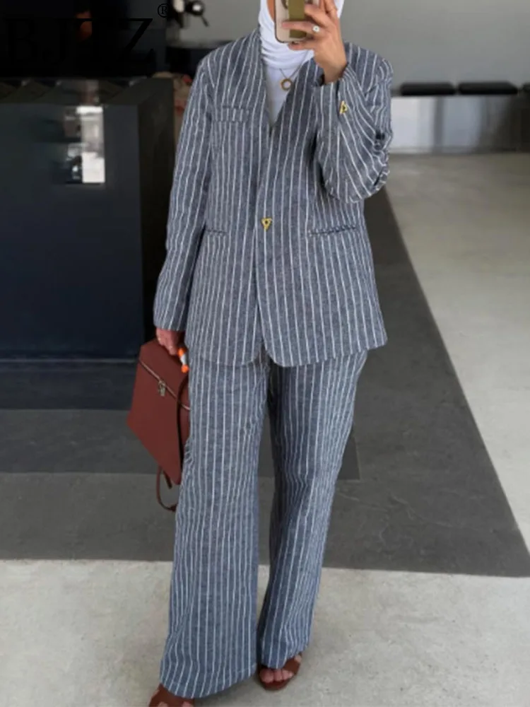 

BJTZ офисный женский полосатый блейзер, комплект из двух предметов для женщин, весна-осень 2023, новый свободный темпераментный модный женский костюм, комплект Tide