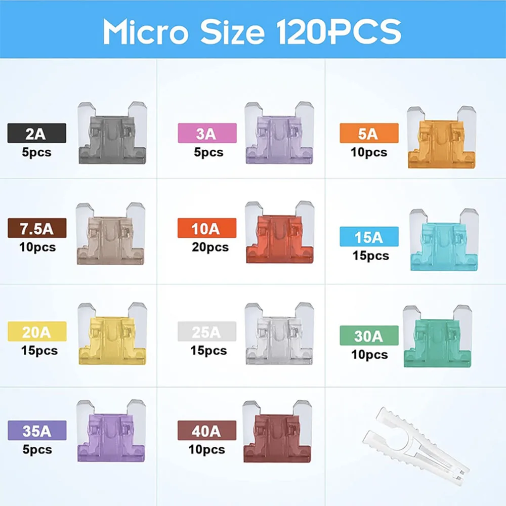120 Stück Mikrosicherungen, Low-Profile-Mini-Sicherungsset, Mikrosicherungs-Sortiment (2 Ampere - 40 Ampere) + 1 Sicherungsauszieher – Detail 3