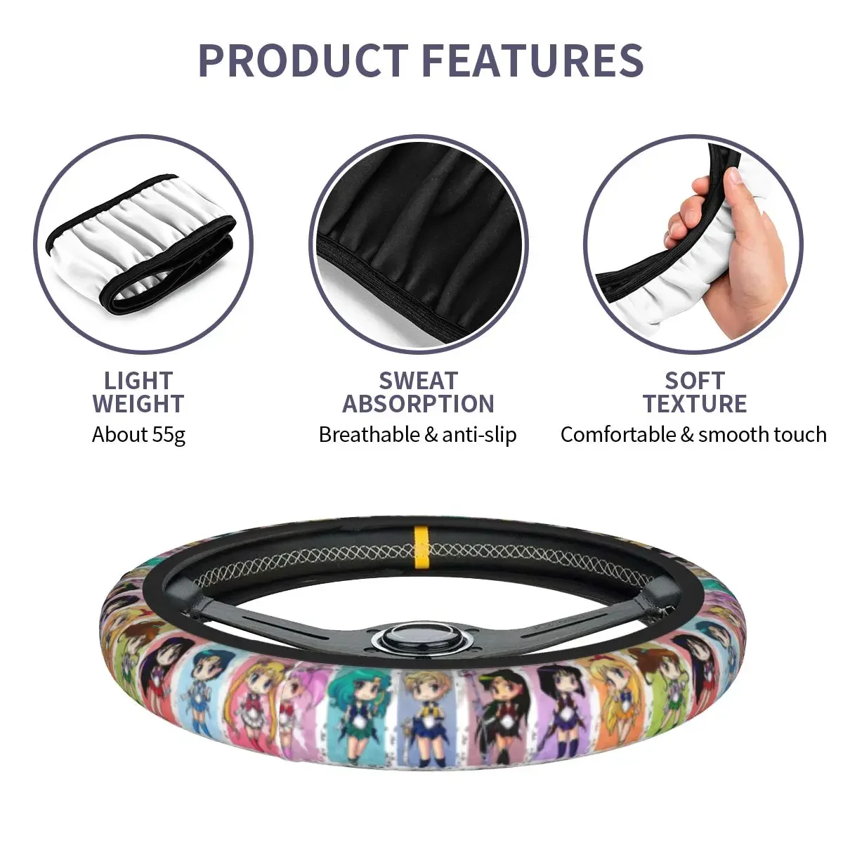 Moon Girl Anime Car Steering Wheel Cover 38cm Elastic Cartoon Collage Suitable Car-styling Steering-Wheel Accessories