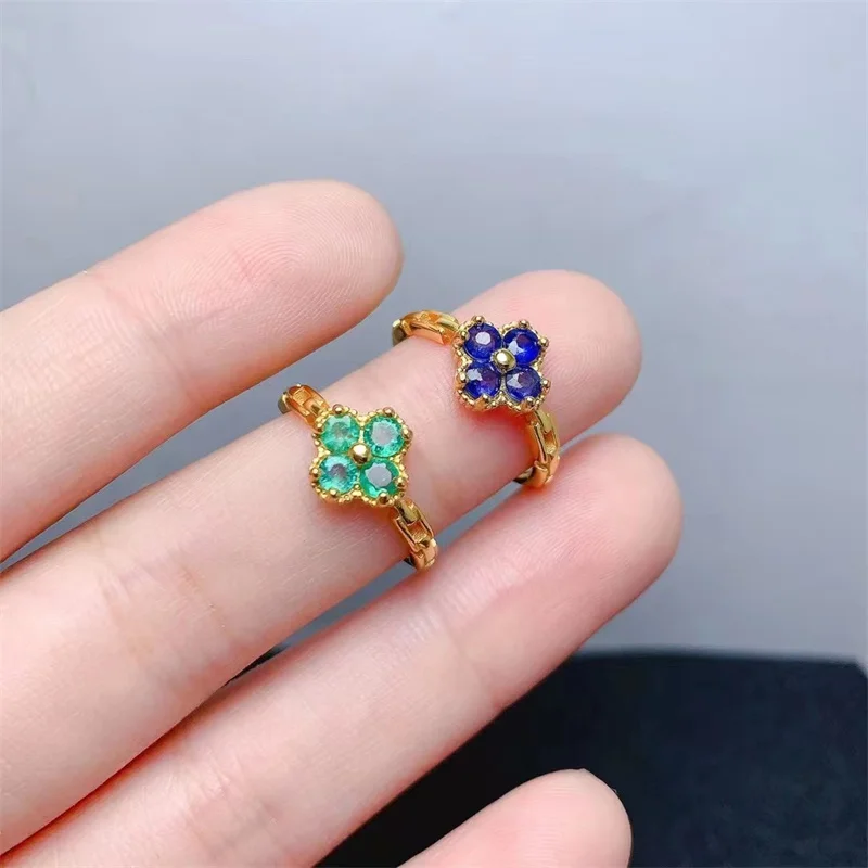 Natural Sapphire Ring Clover 925 Silver 18K Yellow Gold Plated Emerald Simple Women Adjustable Size Ring with Certificate