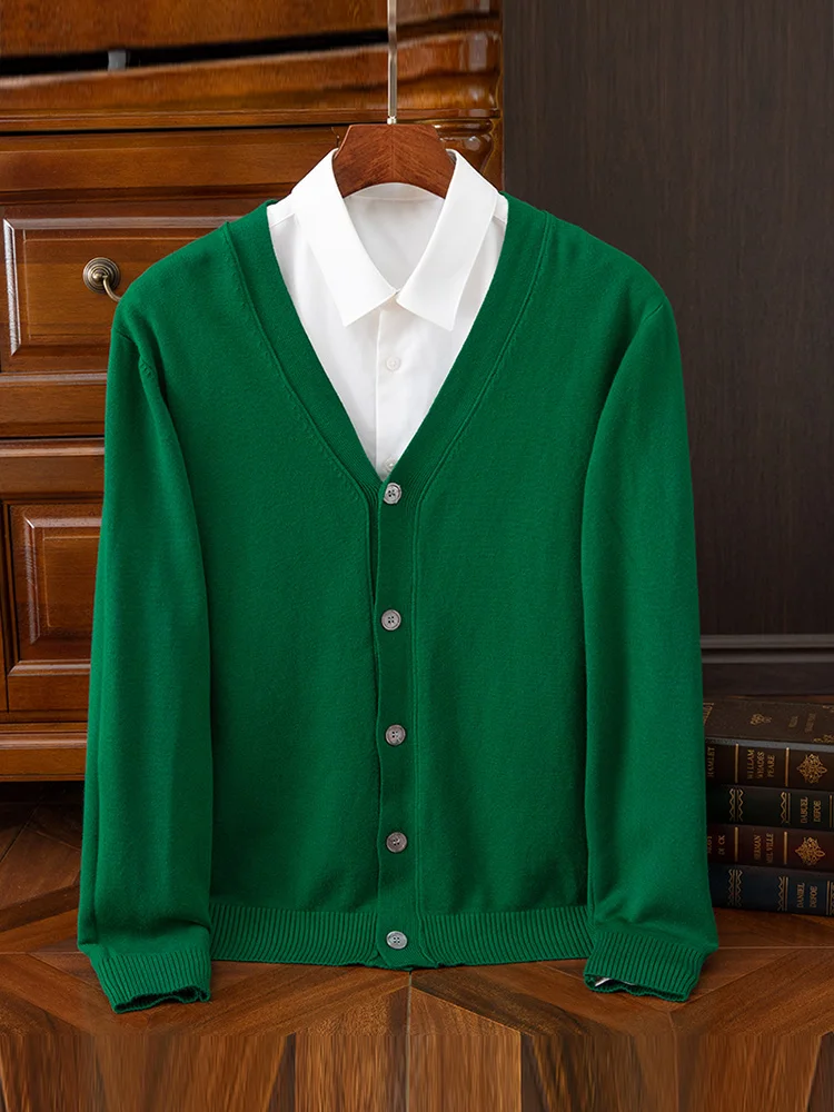 Choice Autumn Winter Men Sweater Standard Smart Casual Wool Cardigan 100% Merino Wool Knitwear Long Sleeve V-Neck Collar Tops