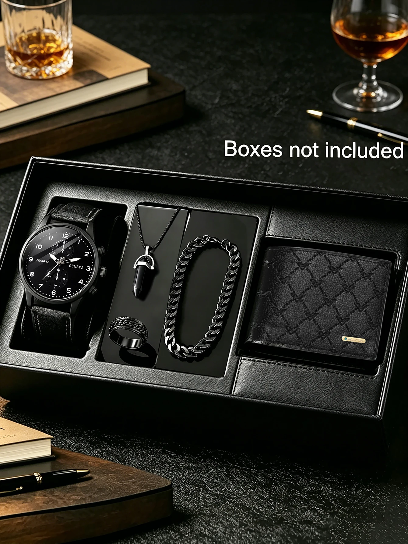 Men's PU Leather Quartz Watch Set with Bracelet Necklace Ring Wallet - Festive Gift Elegant Everyday Accessory Combo