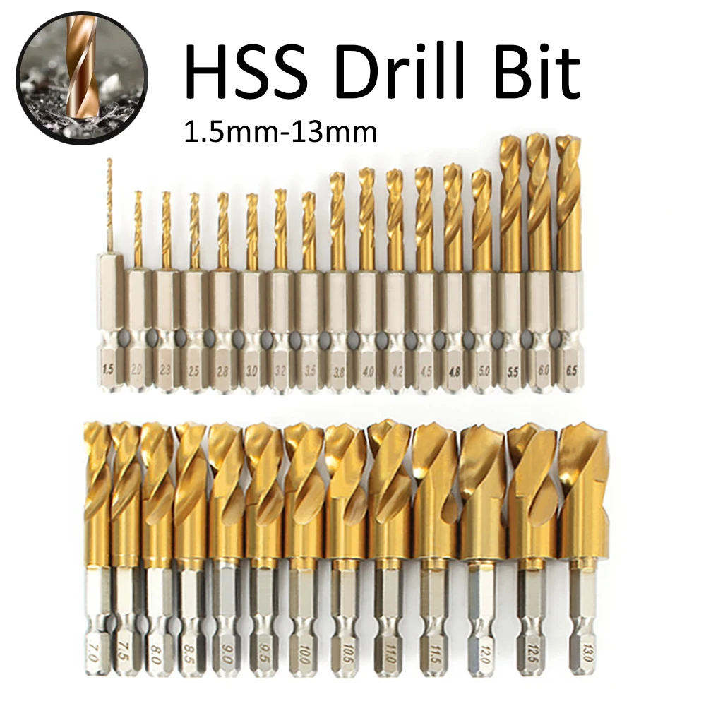 

1/30 шт. Набор сверл HSS с титановым покрытием, 1/4 шестигранный хвостовик, 1,5 мм, 2 мм, 3 мм, 4 мм, 5 мм-13 мм, шестиугольная ручка, спиральное сверло из высокоскоростной стали