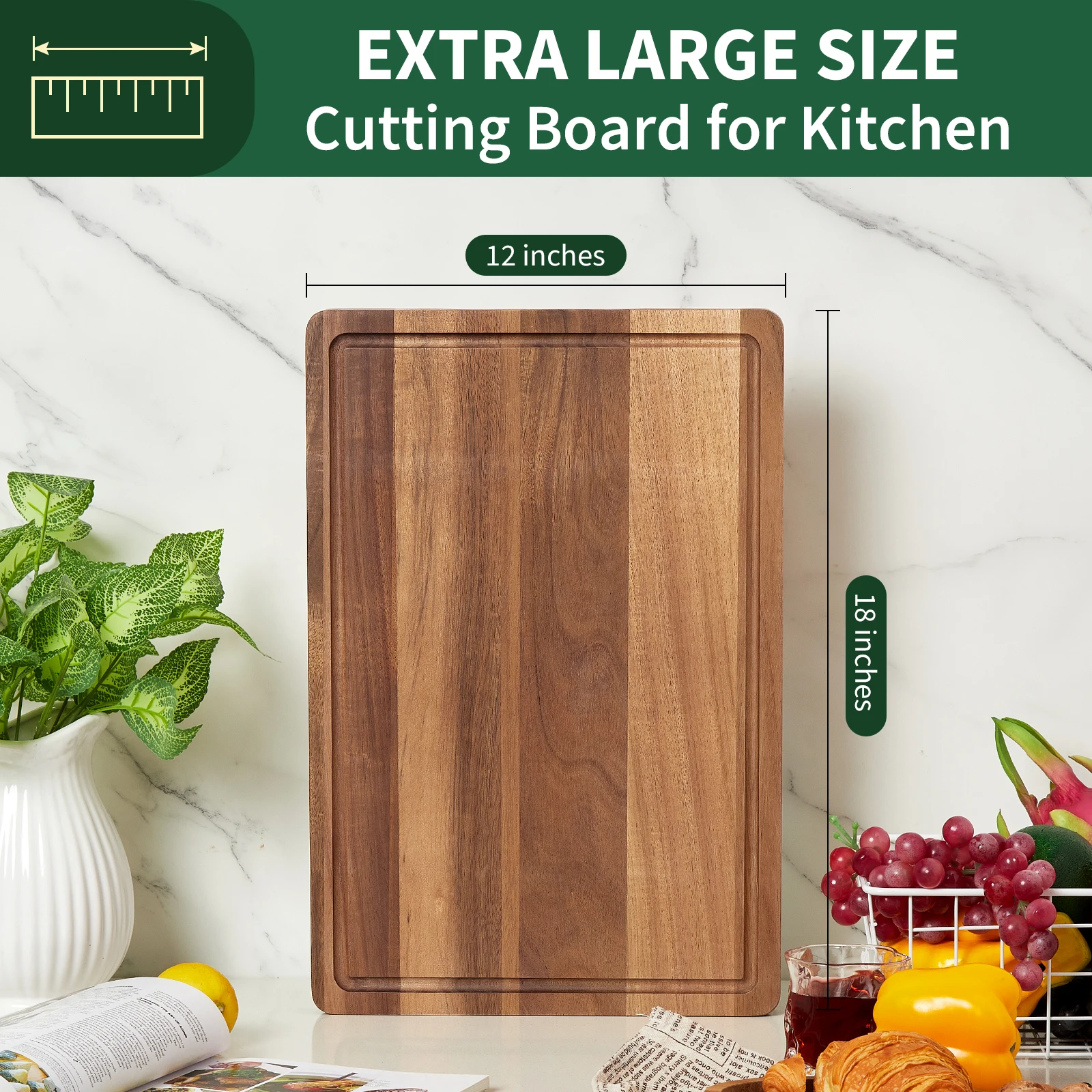 Extra Large Acacia Wood Cutting Board 18x12x1 in, Thick Butcher Block with Deep Juice Groove, Reversible Design, Pre-Oiled, Built-in Handles, Heavy Duty Wooden Chopping Board for Kitchen, Meat, Cheese, Fruit, Vegetables