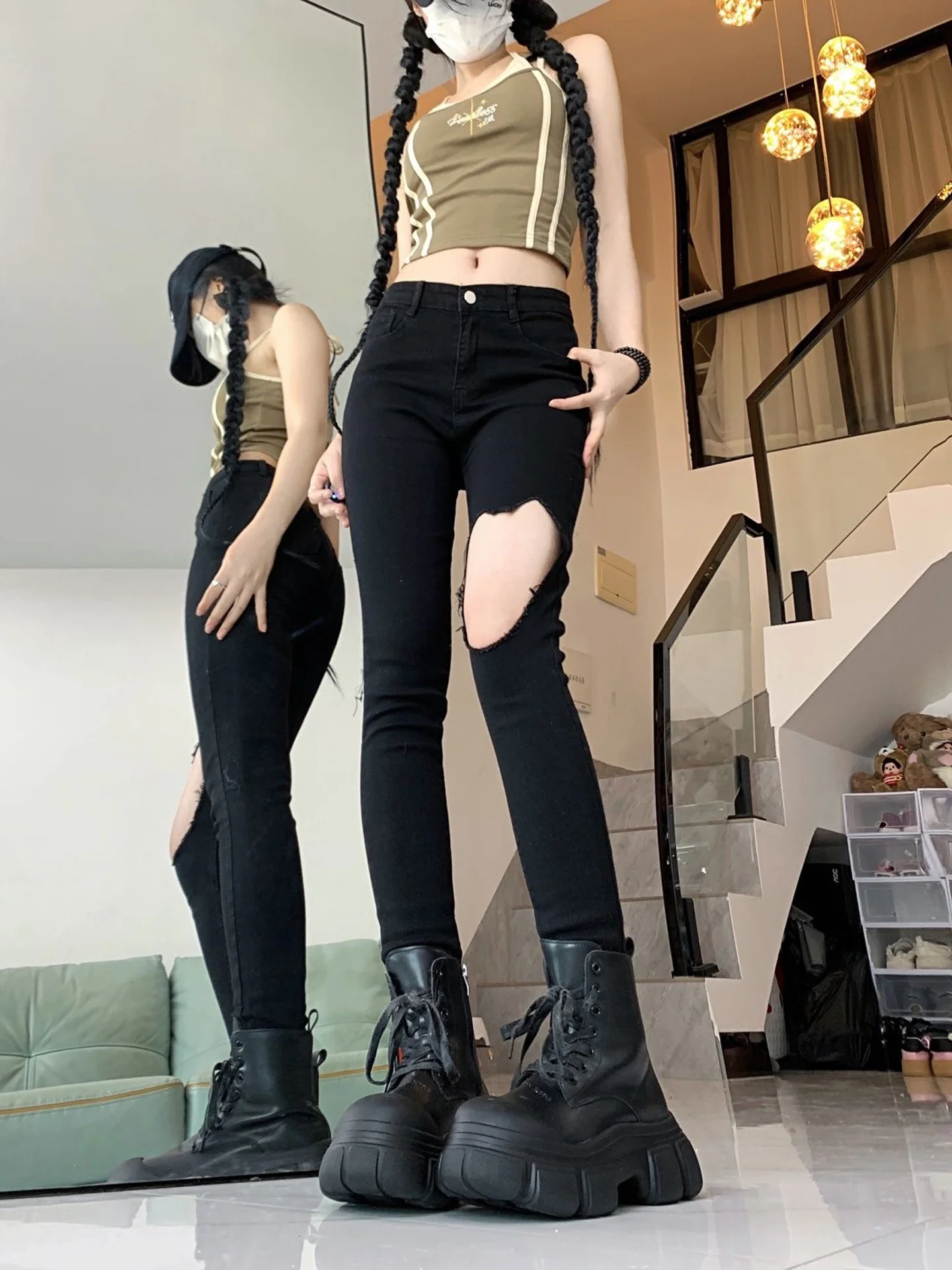Slim Fit High Waist Denim Jeans Women's Fashionable Hole Pencil Pants Elastic Body Shaping Trendy Outerwear Frayed Lead Pen P...