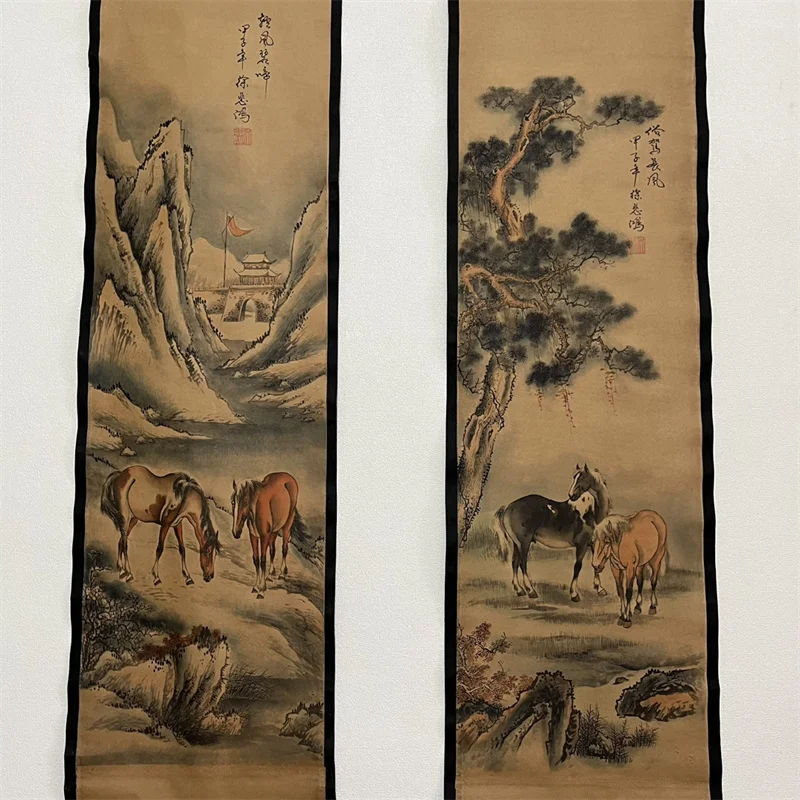 China Old Paper Calligraphy Paintings Scrolls, Four pairs of famous calligraphy and painting murals (Xu Beihong's Eight Horses