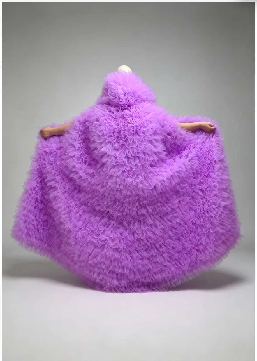 Hooded Ruffled Tulle Long Cloak Fluffy Tiered Tulle Floor Length Cape, Photoshoot Robe for Maternity Wedding Party Stage Costume