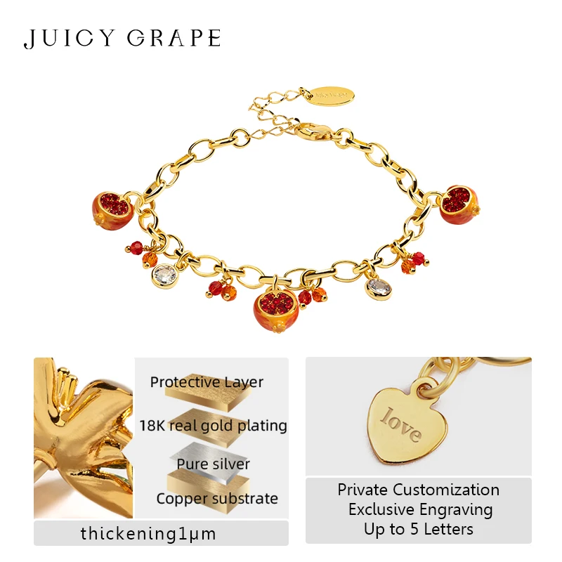 JuicyGrape Pomegranat Bracelet Fruit Pendant Bracelet Adjustable Bracelet Handmade Enamel Bracelet Plated with18K Real Gold Gift