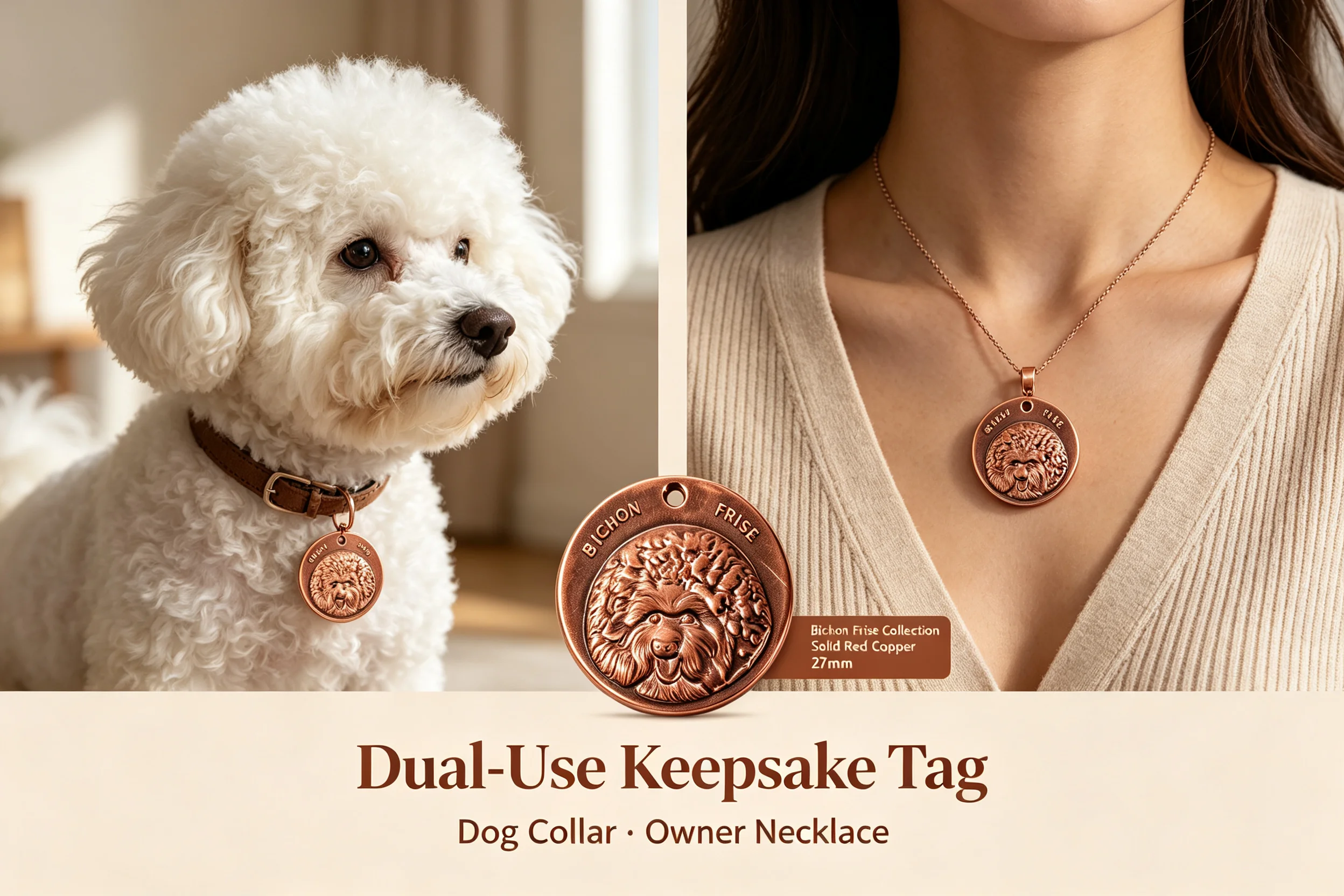 Solid 99.9%RedCopperPoodleDogTagPendant27mm3D Embossed RoundPetIDTagDualPurpose For Dog Collar  Polished MirrorNeklace for Owner