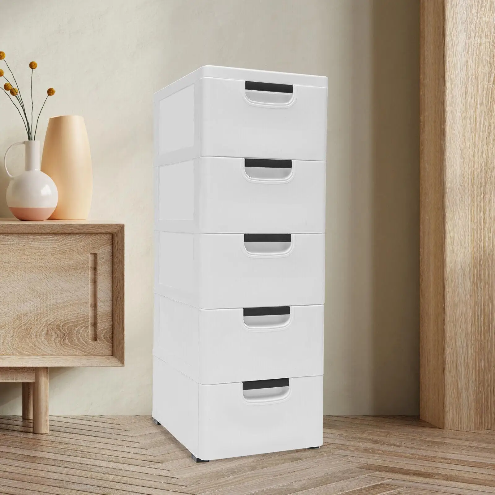 White 5 Tier Storage Cabinet Plastic Storage Cabinet with Drawers,Vertical Clothes Storage Cabinet with Wheels for Bedroom