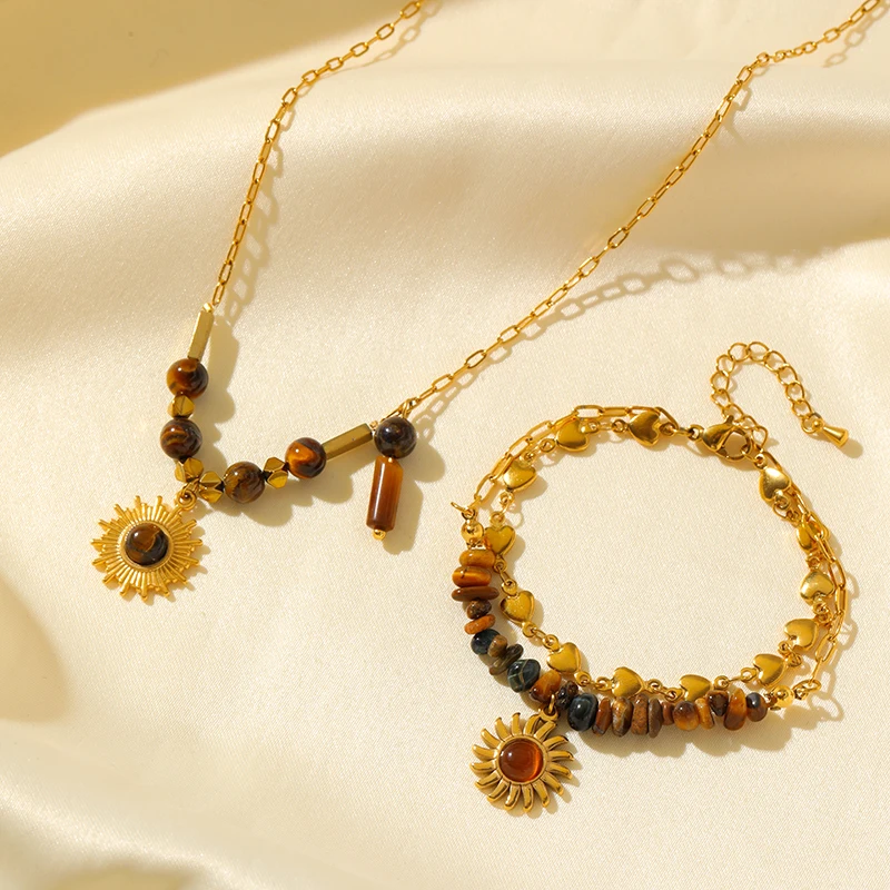 EILIECK 316L الفولاذ المقاوم للصدأ الحجر الطبيعي قلادة سوار مجموعة خمر سلسلة طوق اليدوية والمجوهرات مقاوم للماء للنساء هدية