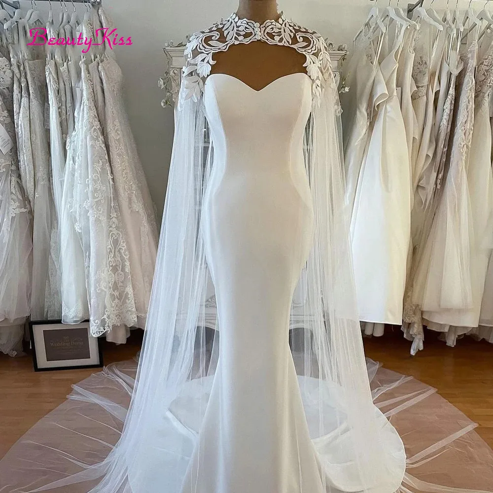 Mermaid Lace Wedding Dress with Cape Elegant Sleeveless Wedding Dresses Sweetheart Satin Long Bridal Gowns