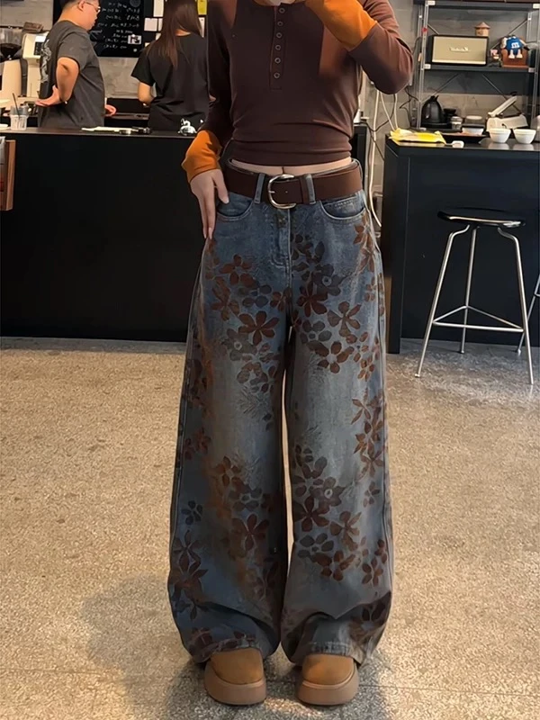 

Джинсы прямого кроя в стиле ретро с цветочным принтом, свободные, широкие, с высокой талией, без стрейча, больших размеров, в корейском стиле
