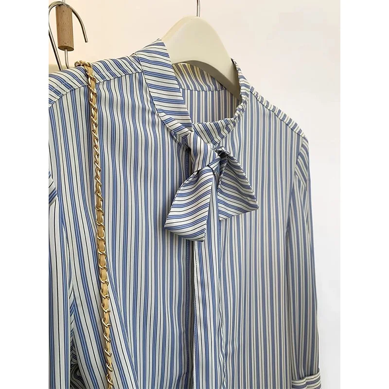 Femme Primavera Estate Moda coreana Colletto con stampa bottoni Camicia da donna Semplicità Cardigan a maniche lunghe a righe alla moda