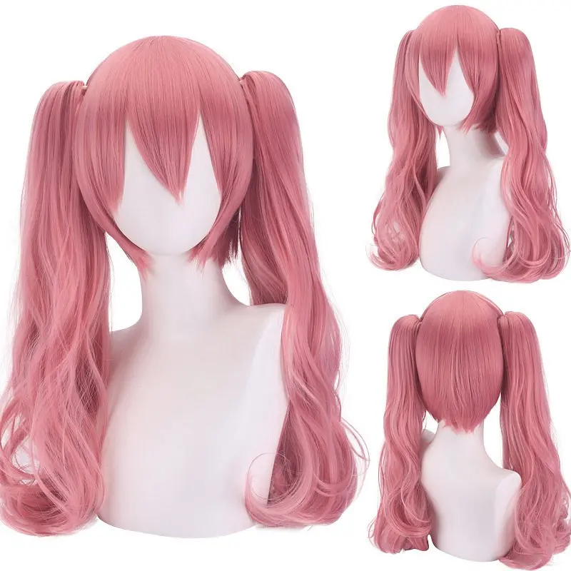 อะนิเมะร้อนทนความร้อนวิกผมปลอมฮาโลวีน Party สีชมพูหางม้าคู่ผู้หญิง Perona Miku Cosplay Wigs + หมวกสุทธิ