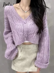 Jielur Autumn New Solid Color Cardigan Woman Casual Loose Knitted Women's Cardigan Pink Apricot Purple Slim Street Chic Cardigan