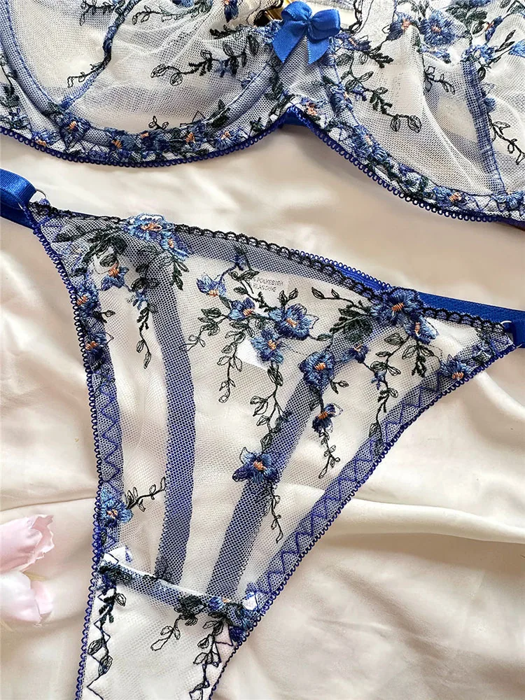 Sexy Bra Set for Women Lace Embroidery Fairy Seamless Underwear Floral Transparent Lingerie See Through Exotic Bra Brief Sets