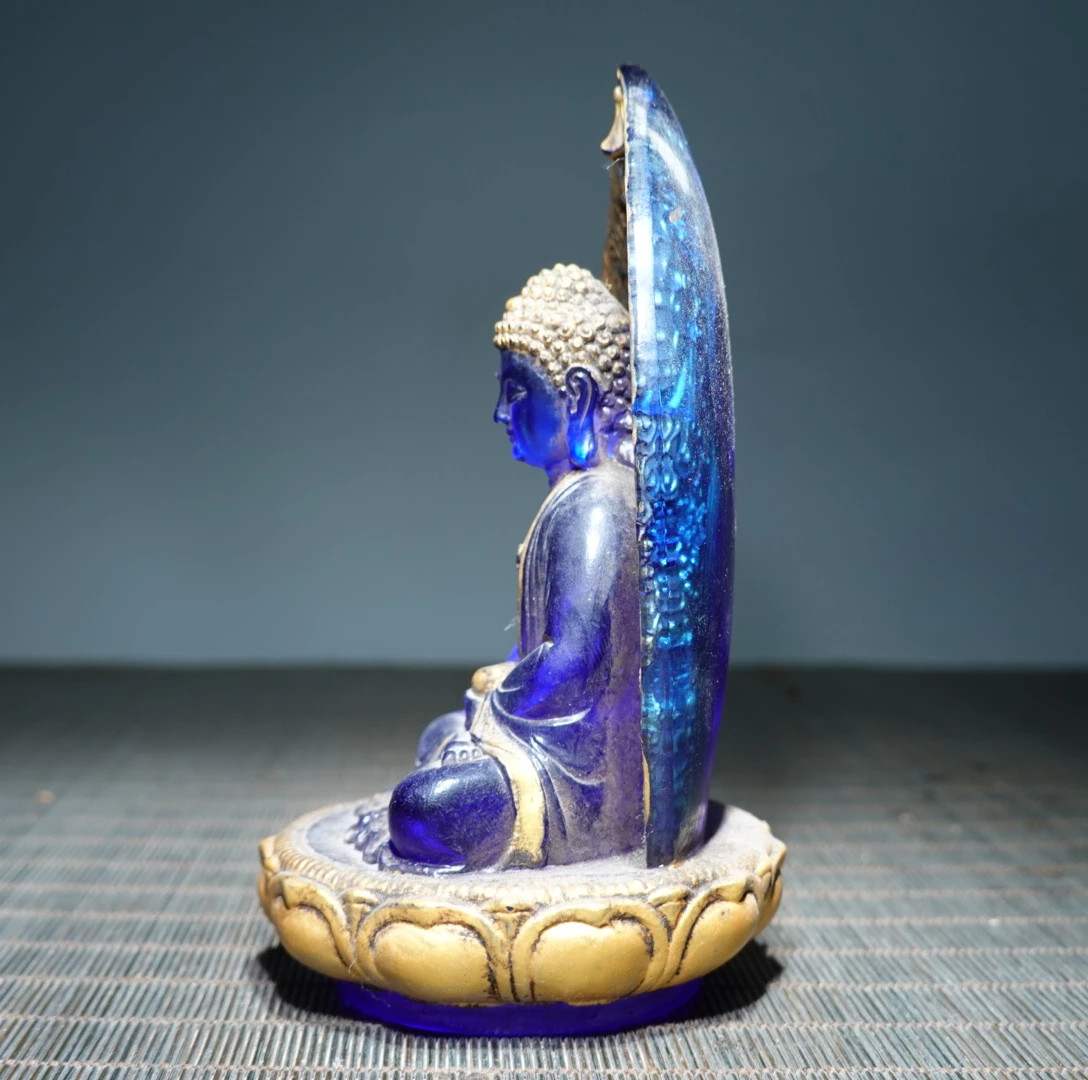 Ancient China Colored Glaze Blue Liuli Crystal Buddha Statue Feng Shui Home Decor Prayer Supplies Pray Kai Guang Ornaments view 3