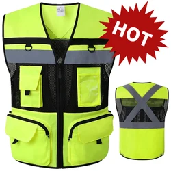 Custom LOGO Safety Vest Reflective Vest With Pockets Breathable Mesh Safety Workwear High Visibility Vest