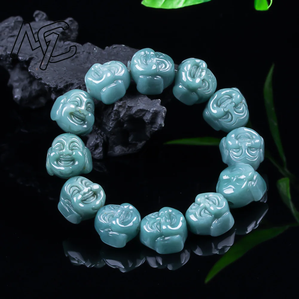 

Emerald Blue Water Jade Buddha Head 18mm Beads Bracelets Natural Man Amulet Men Gemstone Charms Fashion Jewelry Carved Jadeite