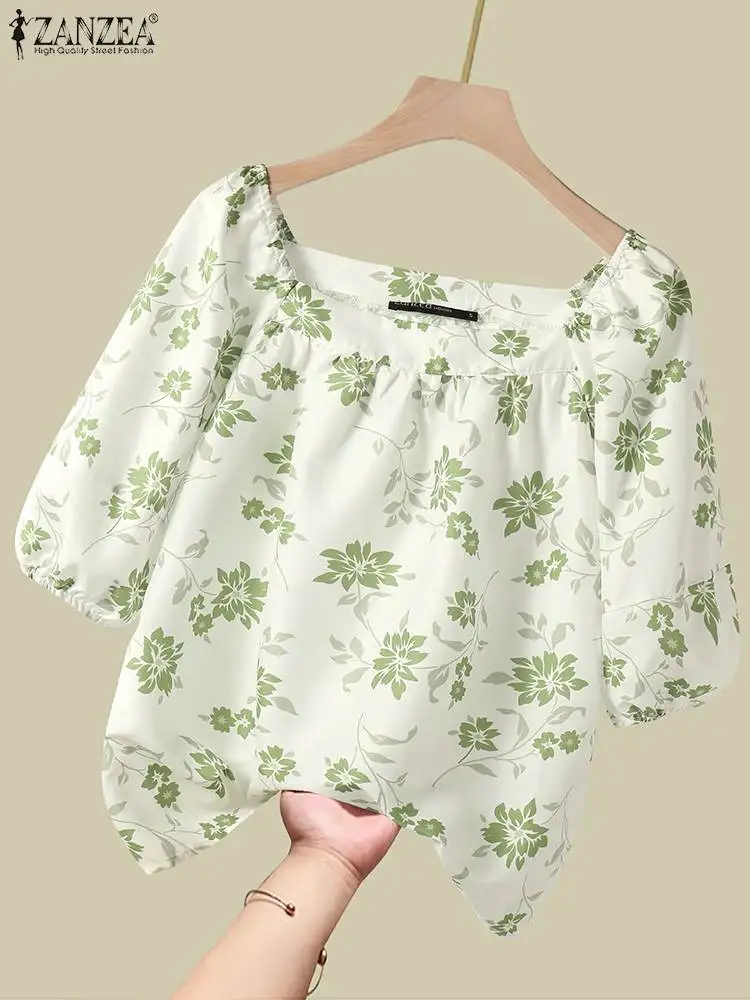 ZANZEA blusa informal Coreana de media manga para mujer, blusa fina con estampado Floral, Tops con cuello cuadrado, camisa holgada para vacaciones de verano