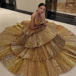 Robe de Soirée Trapèze Dorée Sans Bretelles à Volants, Tenue de Luxe, Vêtement de ix, 2023