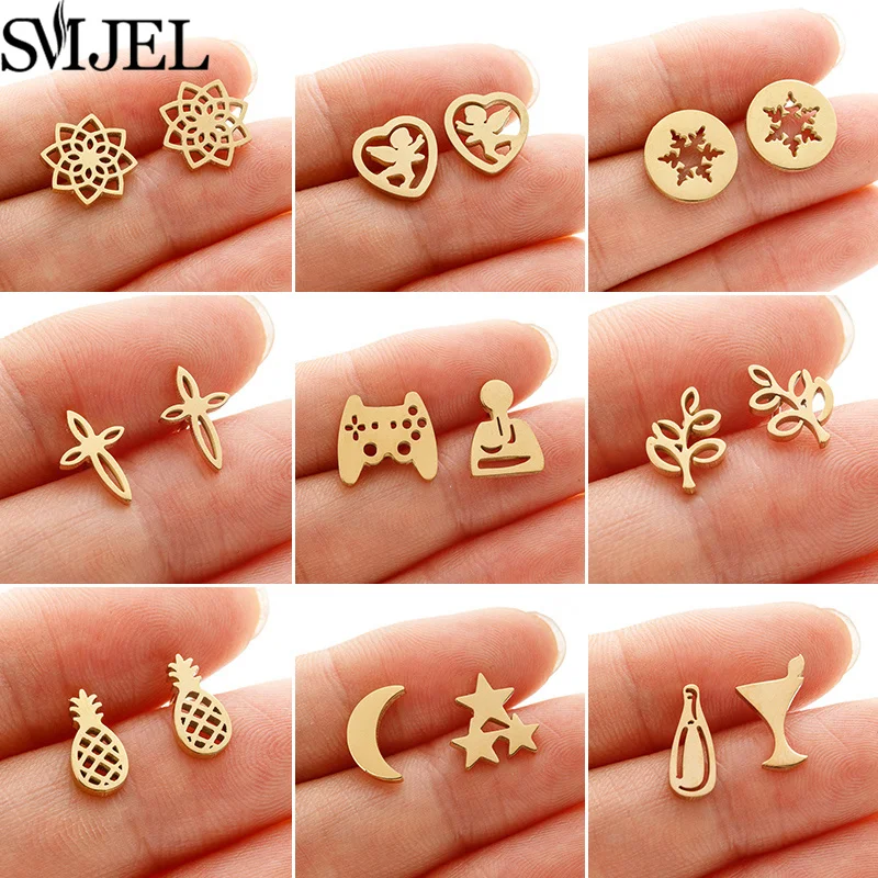 Golden Vintage Mandala leaf Pineapple Earrings for Women Trend Fairy Cup Stainless Steel Earring Punk Game Controller Studs Gift