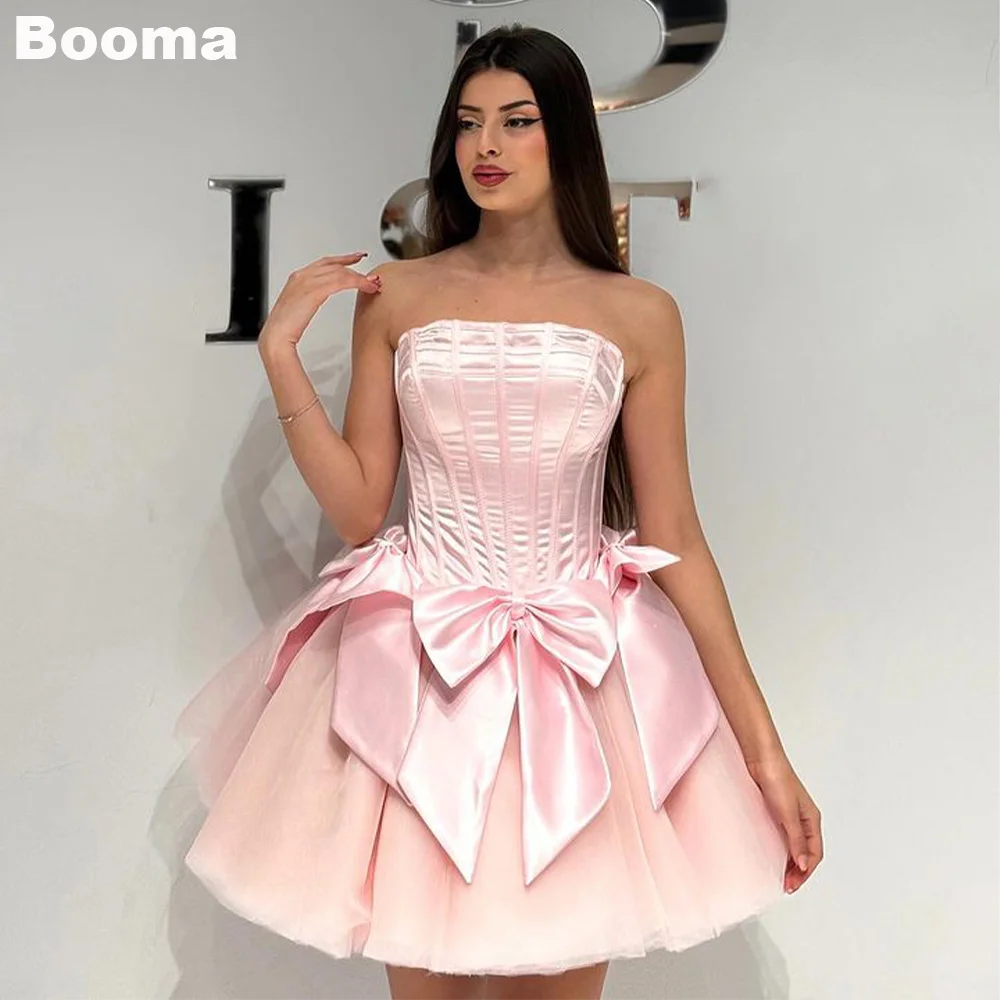 

Booma Pink A-Line Mini Prom Dresses Strapless Big Bow Stain Tulle Cocktail Dress for Women Special Occasion Gowns Outfits