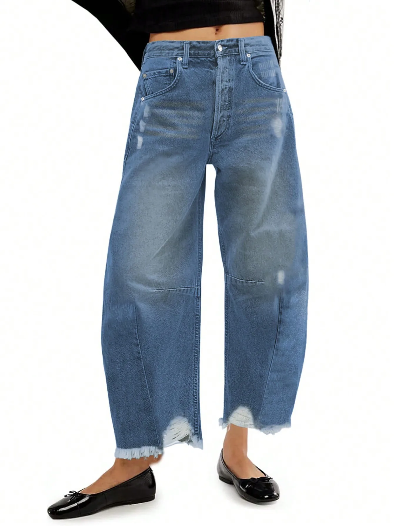 Design sense: washed, ripped, rough edged, loose jeans, blue casual jeans, women's banana pants