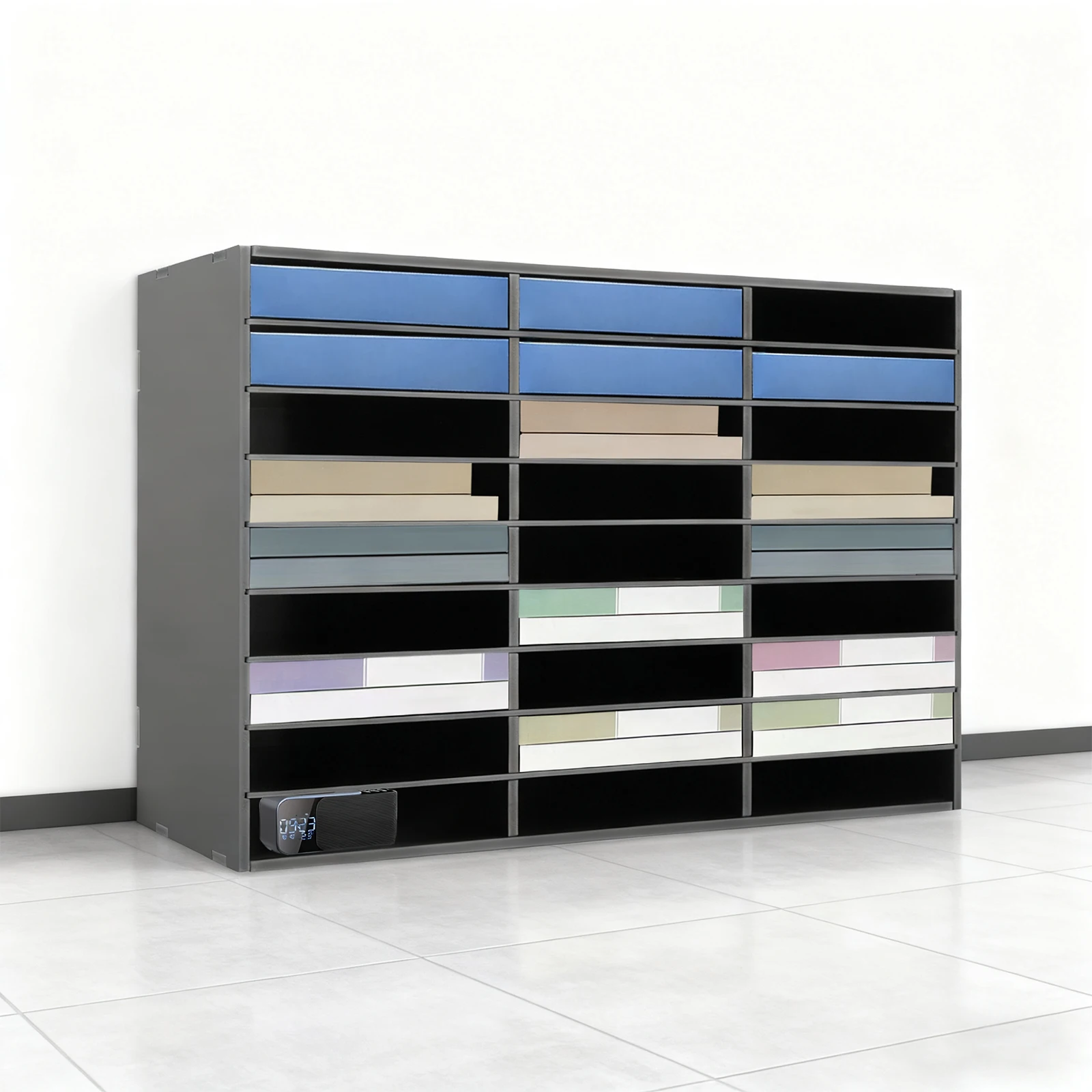 

Literature Organizer, 27 Slot Desktop File Organiser Black, Adjustable Mail Sorter with Removable Dividers for A4 Paper Document