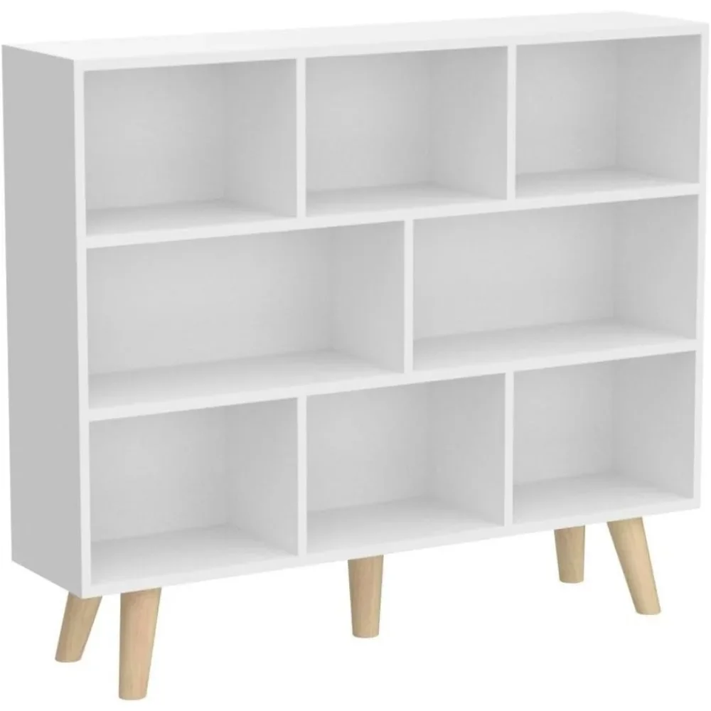 Wooden Open Shelf Bookcase - 3-Tier Floor Standing Display Cabinet Rack with Legs, 8 Cubes Bookshelf, Warm White