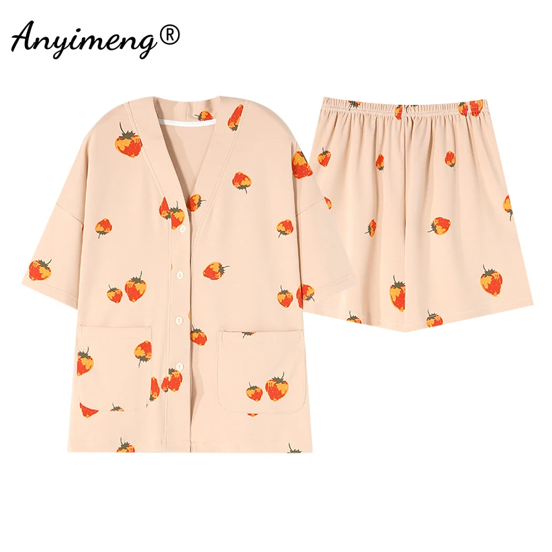 Summer Kimono Women Pajamas Fashion Woman V-neck Pijamas Kawaii Girl Pajama Japanese Pijamas Strawberry Printed Nightwear