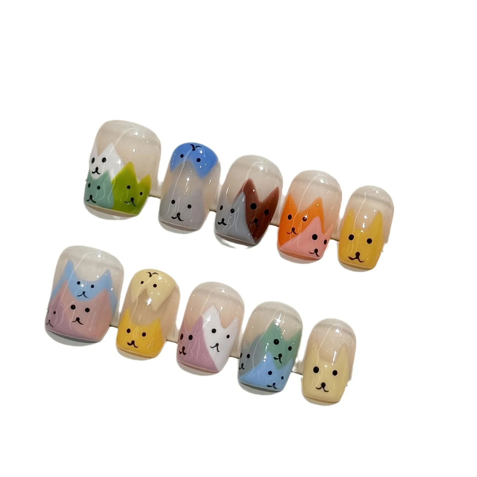 Press On Nails Handmade Colourful Cute Handpainted Cat Dopamine Childish Short Fake Nail Patches Removable Reusable