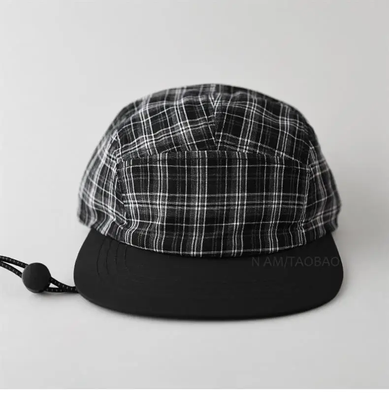 Black White Plaid Quick Dry 5 Panel Hat Casual Street Style Cap for Daily Wear