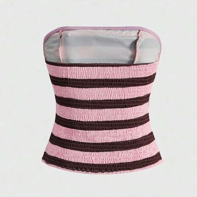 Summer Vintage Striped Polka Dot Strapless Bow Wrapped Chest Top Women Tight Waist Individuality Cinching Spicy Girl Short Top