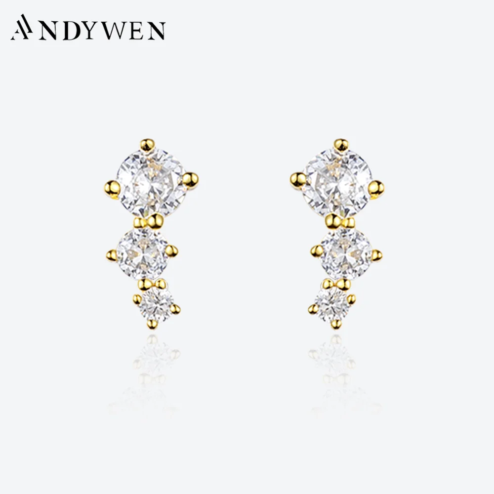 ANDYWEN New 925 Sterling Silver Gold Three Big CZ Stud Earring Piercing Pendiente Clips Pin Women Luxury Crystal Fine Jewelry