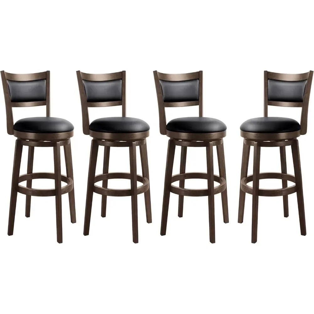 30" Bar Height Stools Set of 4 - High Back Swivel Barstools with Black Faux Leather Upholstered Seat & Solid Wood Footrest