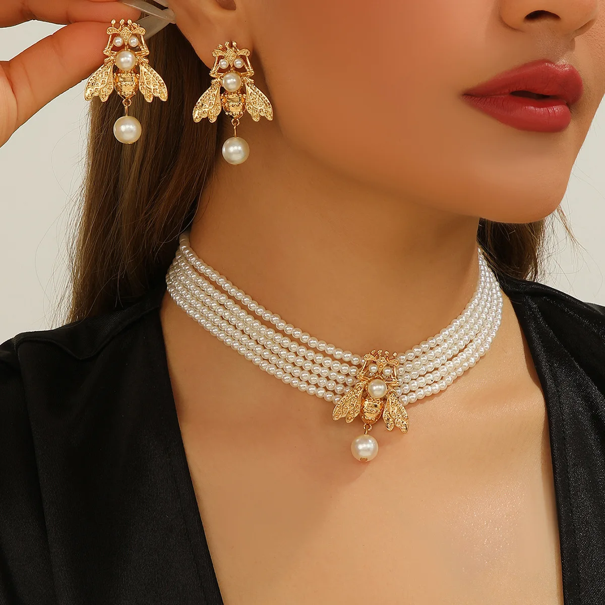 

Trendy Neck Jewelry Set Fashion Elegant Bee Imitation Pearl Beaded Multi-layer Choker Necklace Earrings Women Party Accessories