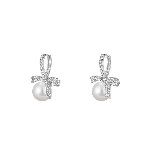Pendientes de aro con lazo de mariposa y perla de circón para mujer, de Plata de Ley 925, joyería fina bonita, accesorios minimalistas