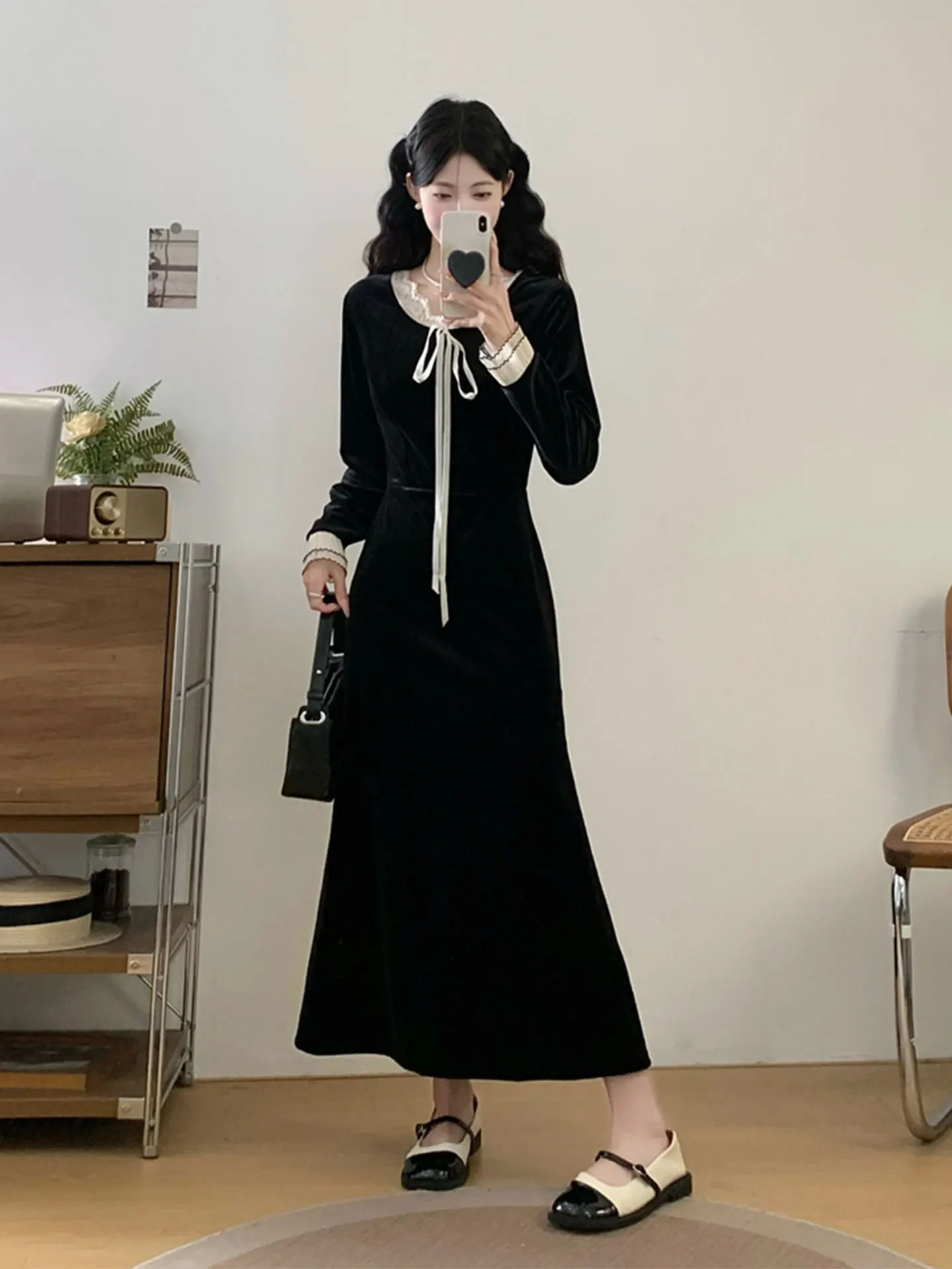 

Длинное бархатное платье Ele с кружевной строчкой для женщин, юбка трапециевидной формы с высокой талией, корейская версия больших размеров