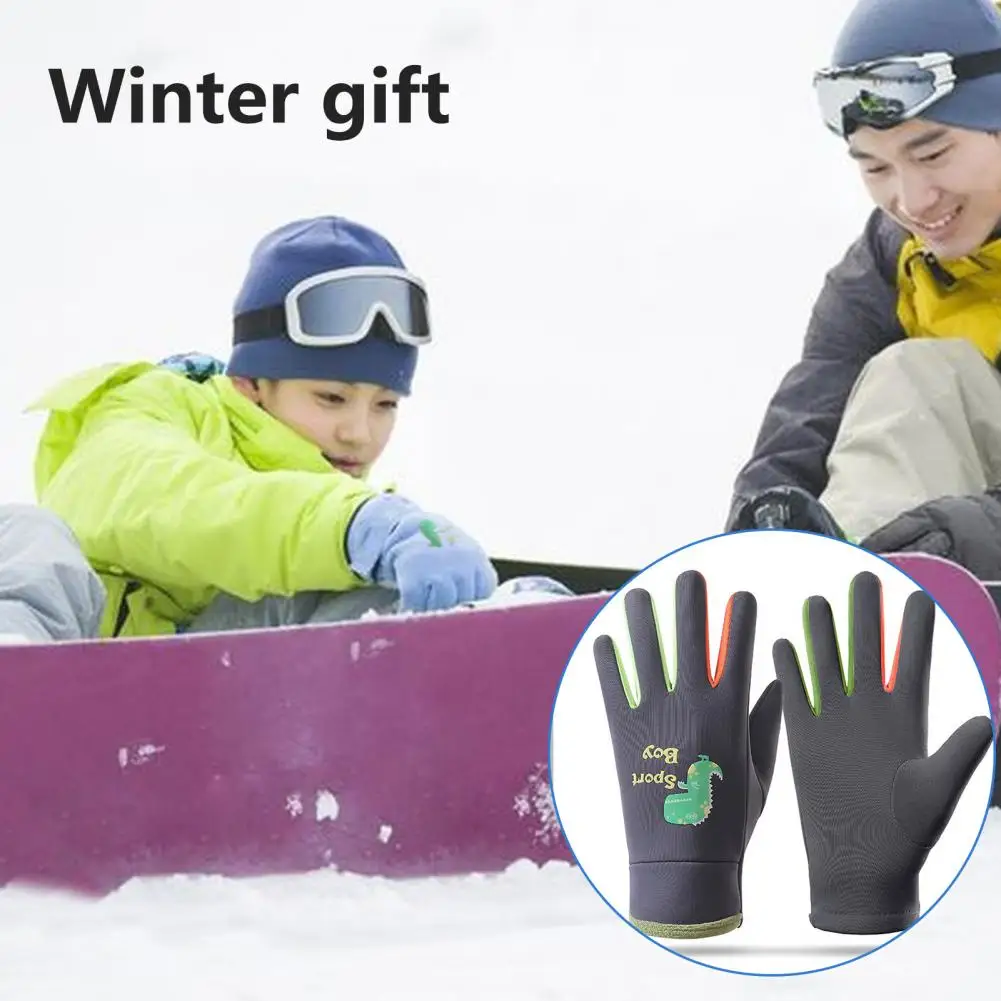 

Winter Warm Gloves Cartoon Ski Gloves Water-resistant Cartoon Print Kids Cycling Gloves with Fleece Lining Outdoor for Winter