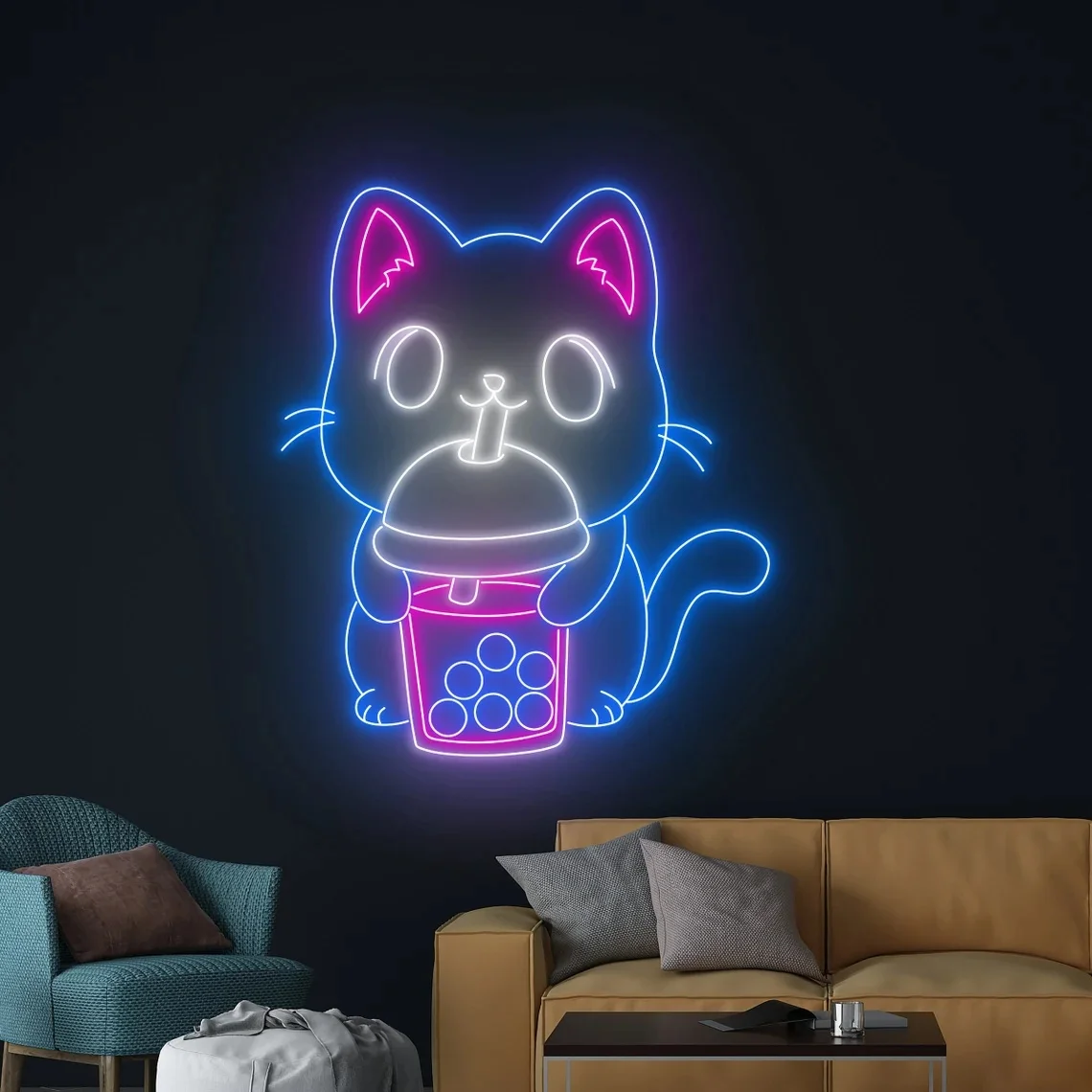 Cat Drinking Boba Tea Neon Sign Milk Tea Neon Sign Tea Drink Neon Sign Room Wall Decor Coffee Open Neon Light