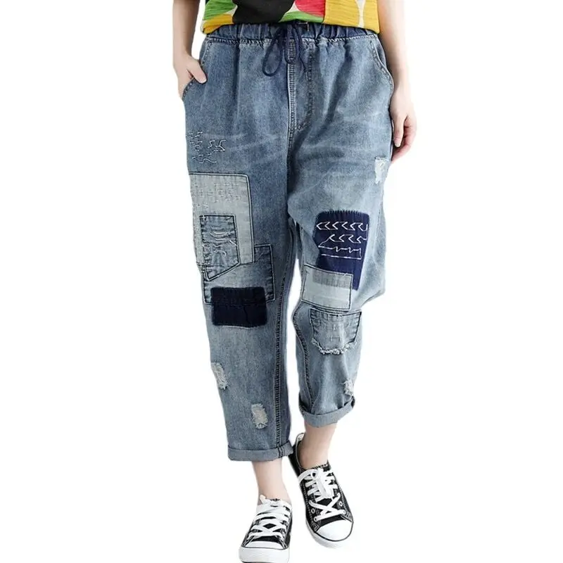 Aricaca New High Quality Large Size Loose Jeans Women Casual Oversize Vintage Washed Ripped Cropped Harem Pants