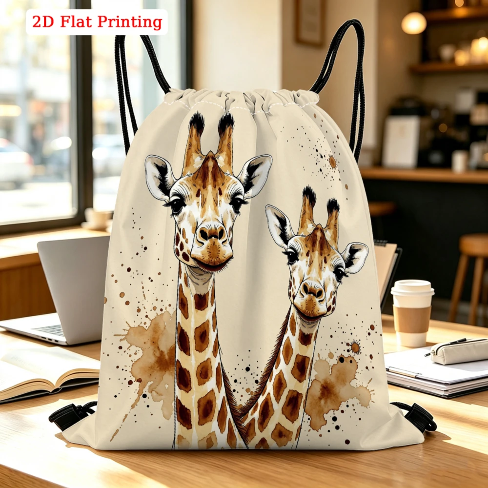 Two Giraffes Watercolor Splash Art Drawstring Backpack, Travel Shoe Bag, Fitness Sports Backpack, Travel Outdoor Drawstring