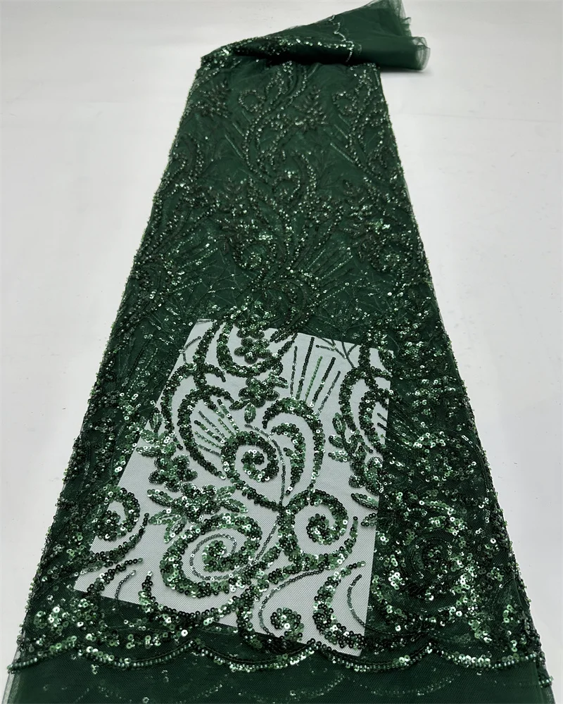 

Luxury Green Sequins Tube Beads Lace Fabric For Wedding 2024 New Design French African Tulle Mesh Lace For Evening Dress