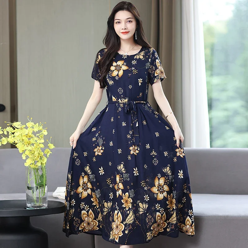 Summer Long Dresses Woman Flowers Print Short Sleeve Holiday Beach Casual Maxi Dress Vintage Dress With Belt