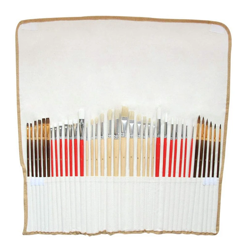 38Pcs Brush Painting Watercolor Varnish Rod Pig Bristle Oil Painting Drawing Pen Nylon Wood Brush With Canvas Bag Set