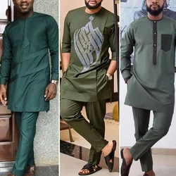 Kaftan Elegant African Men's Set Long Sleeve Ethnic Top And Pants Full Luxury 2 Pieces Outfits Dashiki Solid Color Wedding Dress